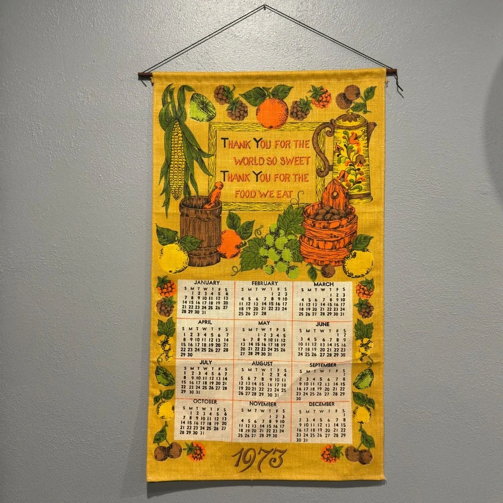 Vintage 1973 Linen Calendar Tea Towel Wall Hanging Harvest Fruit Kitchen Decor